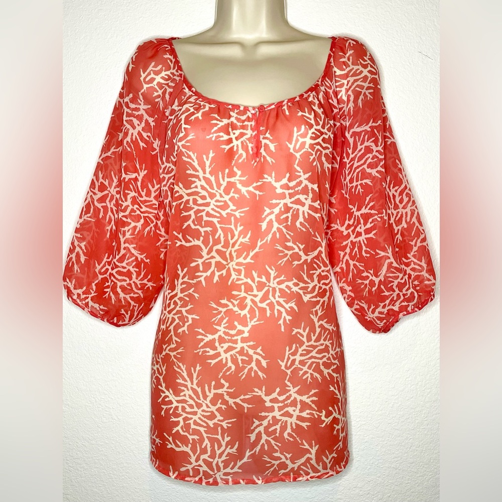 Daisy Fuentes Moda Coral and White Sheer Blouse Top Beach Swim Cover Up Size M